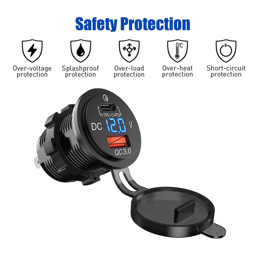 12V 24V USB Type-C Cell Phone Charger with Digital Voltage Gauge Car Boot ATV 1x