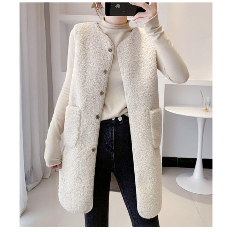 FASHION medium  long vest women's autumn  winter medium  long imitation lamb wool vest fashion new foreign versatile women's coat Clothes