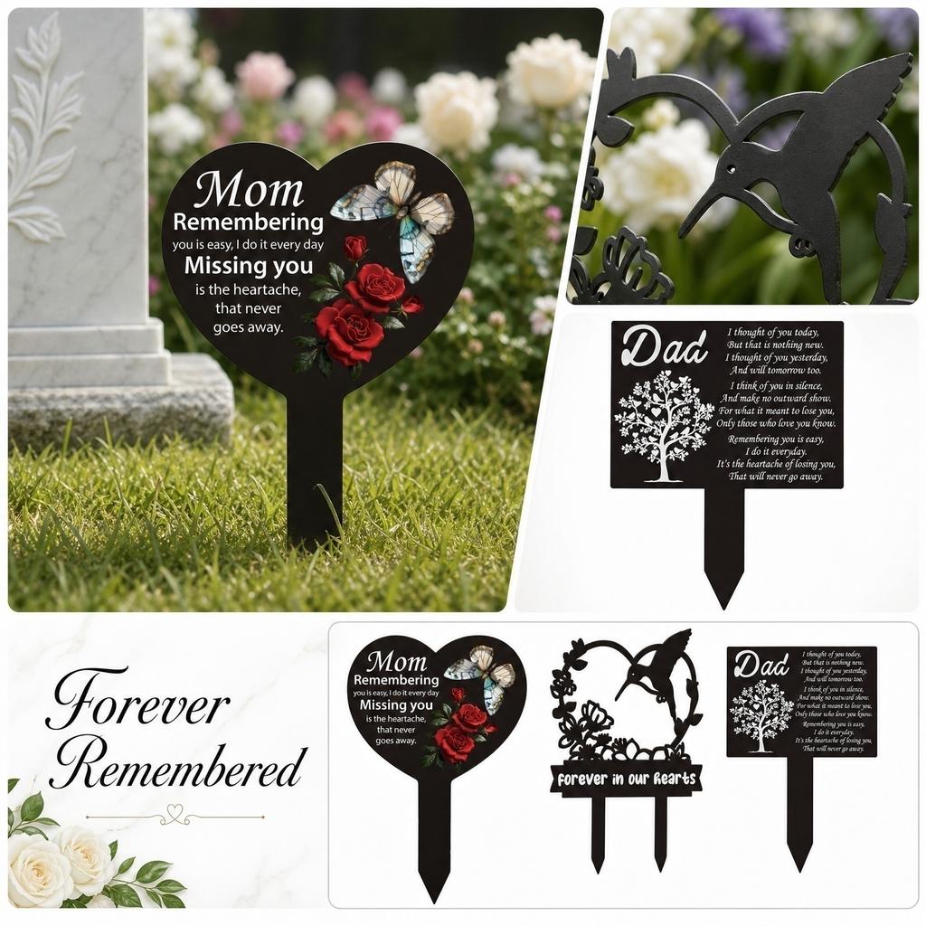 Heart Shaped Metal Memorial Garden Stake with Butterfly and Floral Design Engraved Remembering Mom Quote Suitable for Outdoor Cemetery Decoration