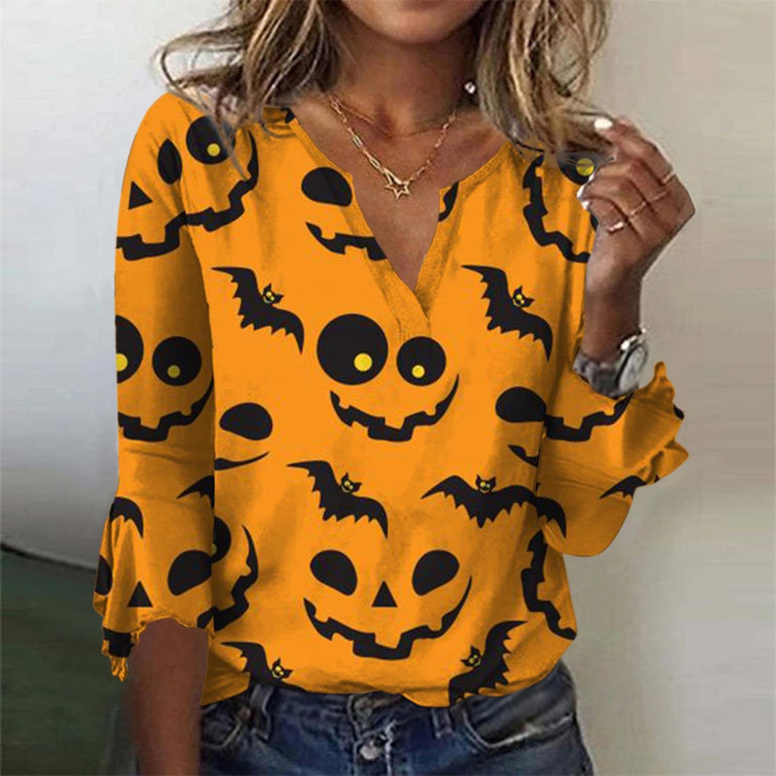 

Women s Top Loose Casual V-neck Halloween Printed Blouses Bell 3/4 Sleeve T-shirt XXL