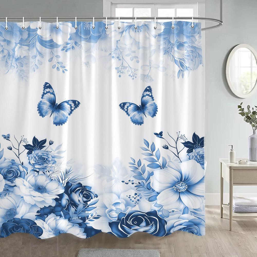 Blue Butterfly Floral Shower Curtains Watercolour Flowers Plant Bath Curtain Polyester Fabric Home Bathroom Bathtub Decoration