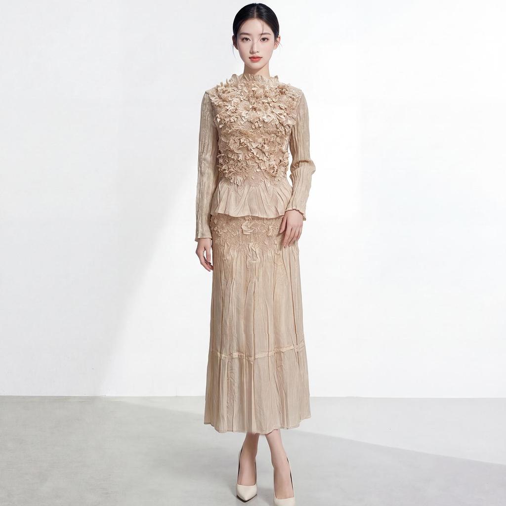 2026 Spring Women's Embroidered Pleated Skirt Suit - High-End Miyake Style