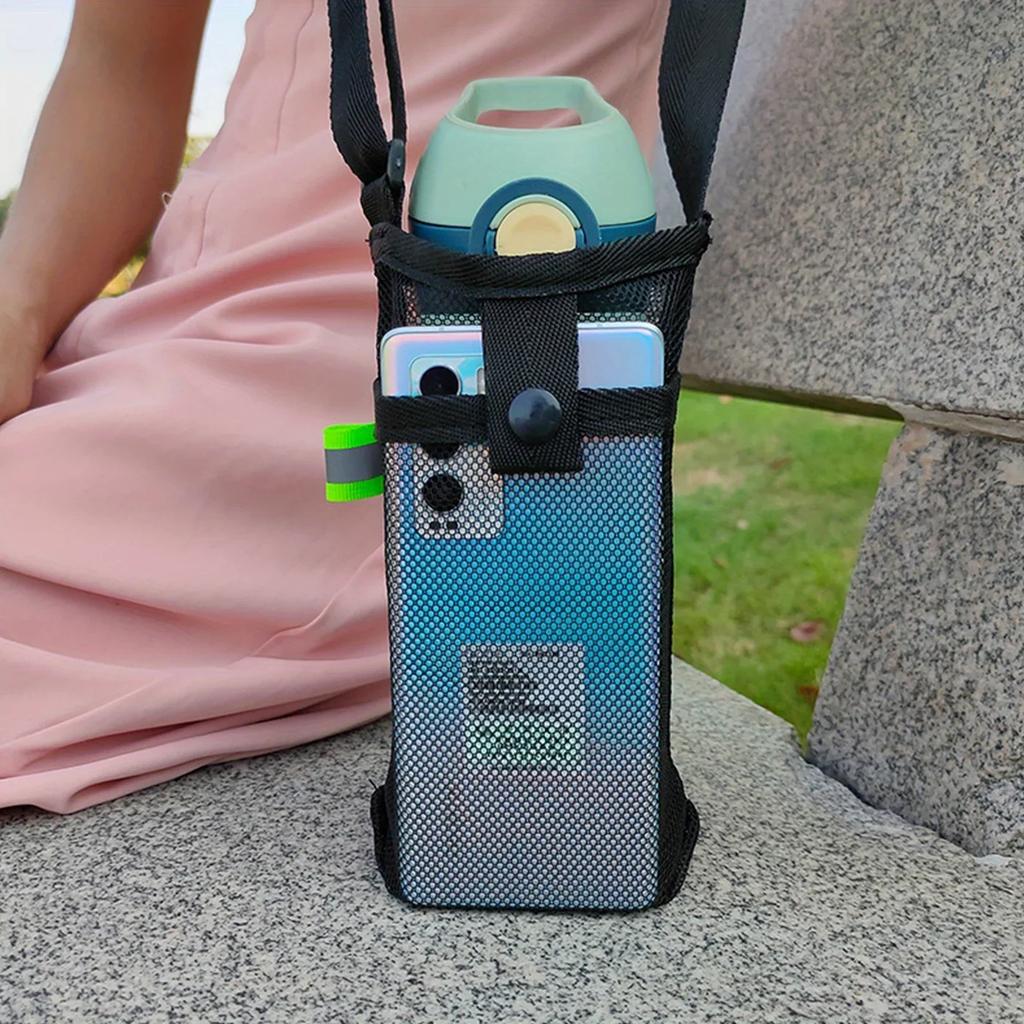 Water Bottle Mesh Cup Pouch Shoulder Carrier Mug Holder Bag Portable Mobile Phone Carry Bag for Outdoor Sports Camping