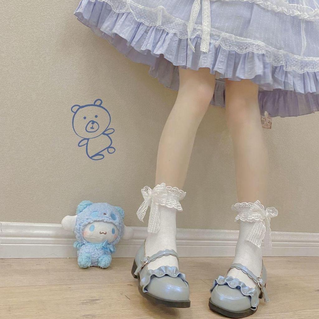 Japanese Lolita Soft Lace Mid-Tube Socks: Breathable Bow-Design Calf Socks for Women