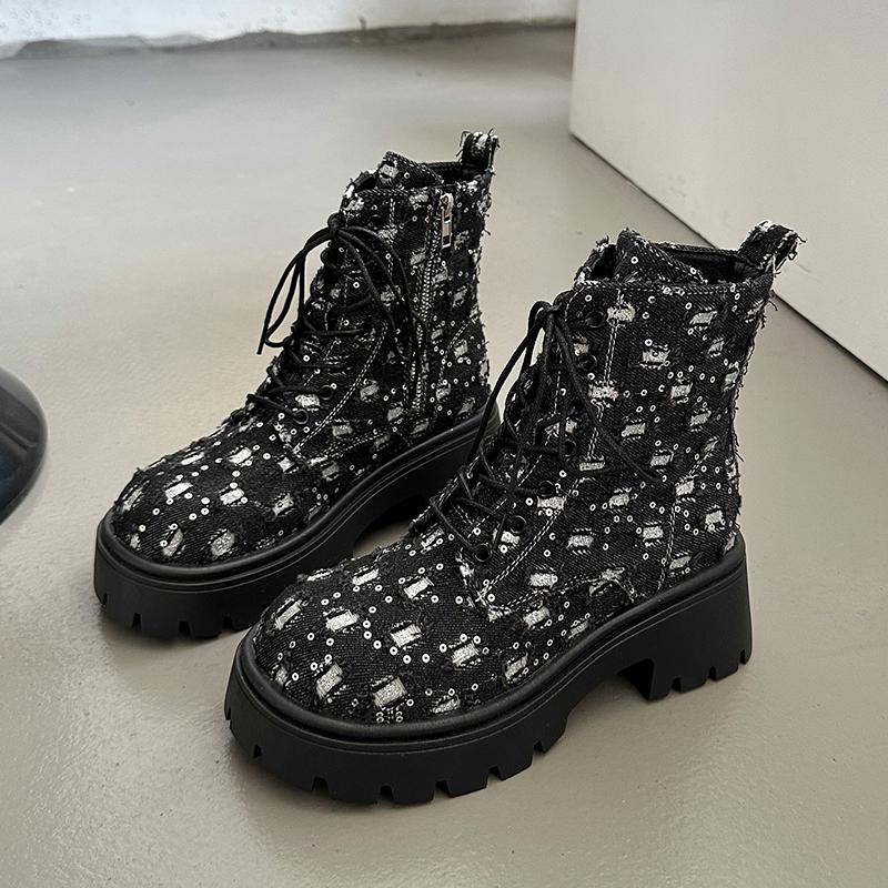 

Ботильоны на толстой платформе с панковскими блестками для женщин 2024 Y2K, джинсовые ботинки с толстой подошвой в стиле пэчворк, женские черные готические ботинки Mujer 41 чёрный