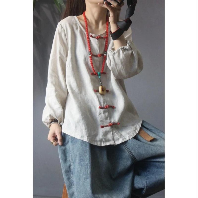 Solid Color Buttoned Cotton and Linen Shirt for Women Spring and Autumn New Style Plus Size Shirt Top