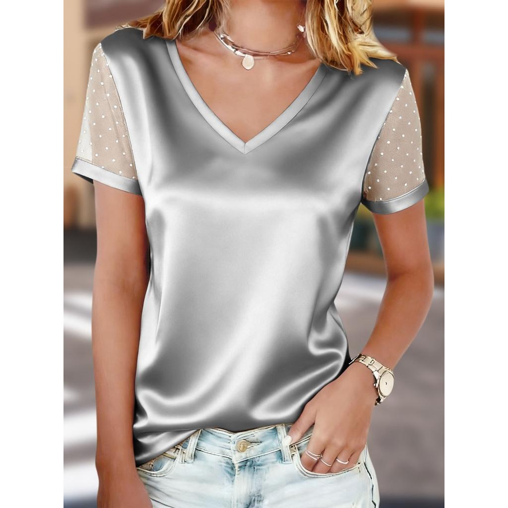 Summer Fashion Versatile Women's V-neck Short Sleeve T-shirt Mesh Flocked Casual Top For European And American Women
