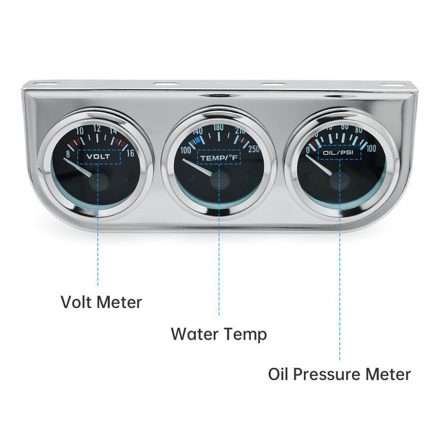 52MM 3 In 1 Oil Pressure Gauge + Volt Meter + Water Temp Gauge Kit Volt Meter with Sensor Oil Temperature Gauge Triple Meter