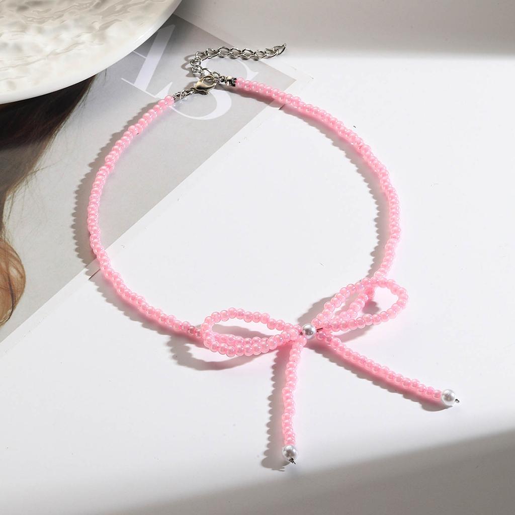 Delicate Bowknot Clavicle Chain Acrylic Beaded Butterfly Bow Collar Necklace Jewelry Clavicle Chain for Women Girls