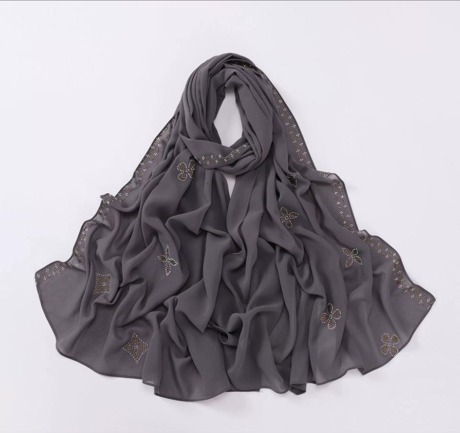 New Chiffon Hijab With Rhinestones Diamonds Scarf Shawls Solid Headscarf Wraps Ramadan Eid Hijabs Glitter Headband Turban