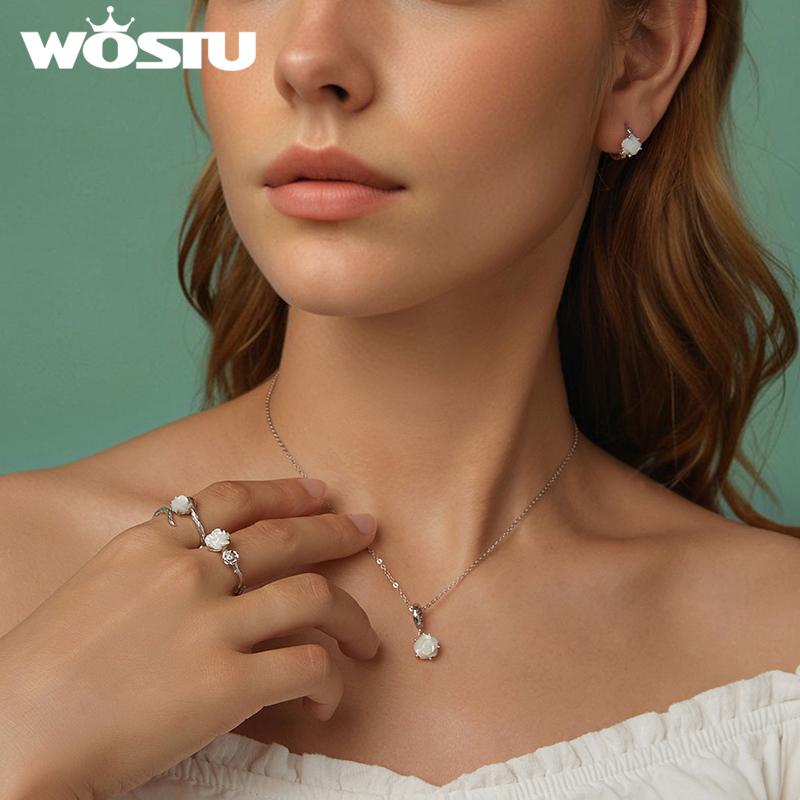 WOSTU S925 Silver Natural White Shell Rose Ring Earrings For Women Wedding Jewelry Set Flower Open Ring Earring Valentine Gift