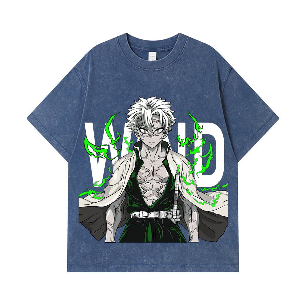 275 GSM Gewassen T-shirts 100% Katoen Demon Slayer V115 Sanemi Print Unisex Zwaar Katoenen T-shirt