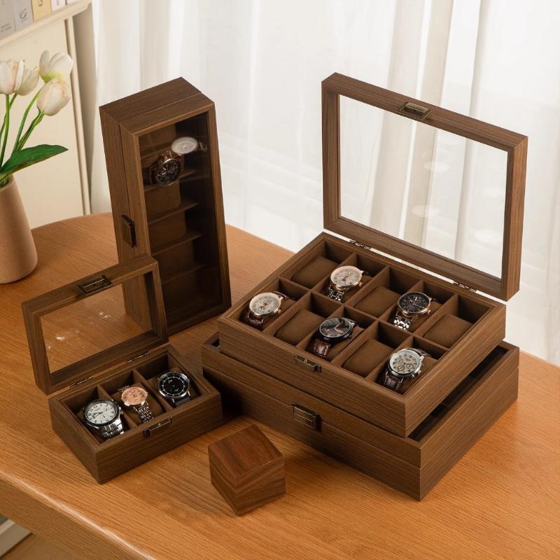 Wooden Watch Display Case Dustproof Glass Lid 4 Slot Compact Watch Storage Box for Women Small Wristwatch Jewelry Storage
