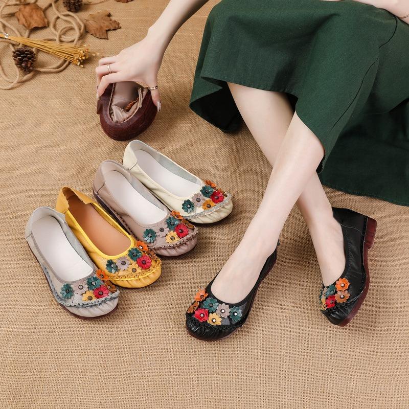 Spring and summer new soft-soled low-heeled women's shoes leather flower women's shoes comfortable and soft