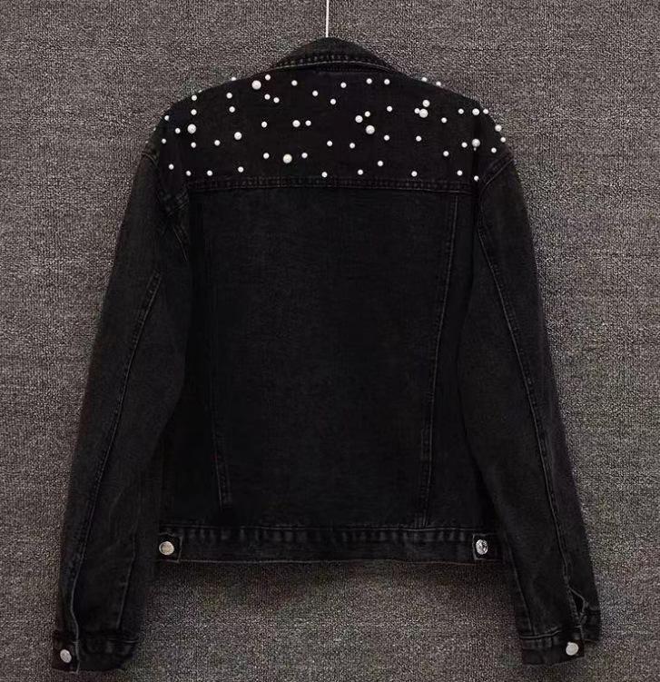 Women's Beaded Pearl Short Denim Jacket - Loose Fit for Spring and Autumn