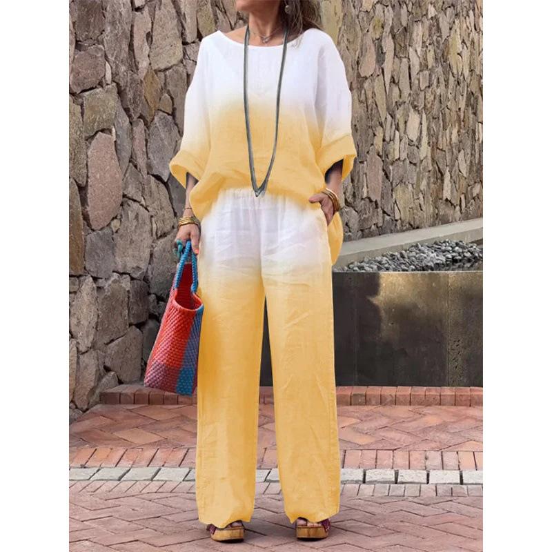 Women's Loose Fit Two-Piece Outfit Set 3/4 Sleeve Boat Neck Top High Waist Wide Leg Pants