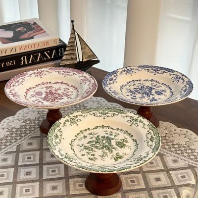 High-legged Ceramic Tray Retro Porcelain Plate Fruit Dish Cake Tray Afternoon Tea Storage Trays Container  Kitchen Organizer