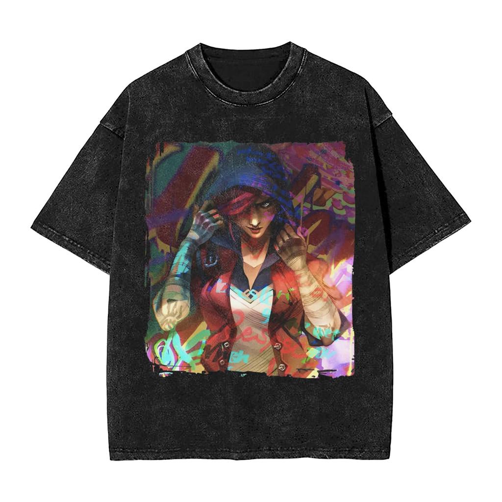Anime Arcane Vi Spiel Violett Bedrucktes Gewaschenes T-Shirt Herren Damen Manga T-Shirts Vintage Baumwoll-T-Shirt Harajuku Herren-Tee
