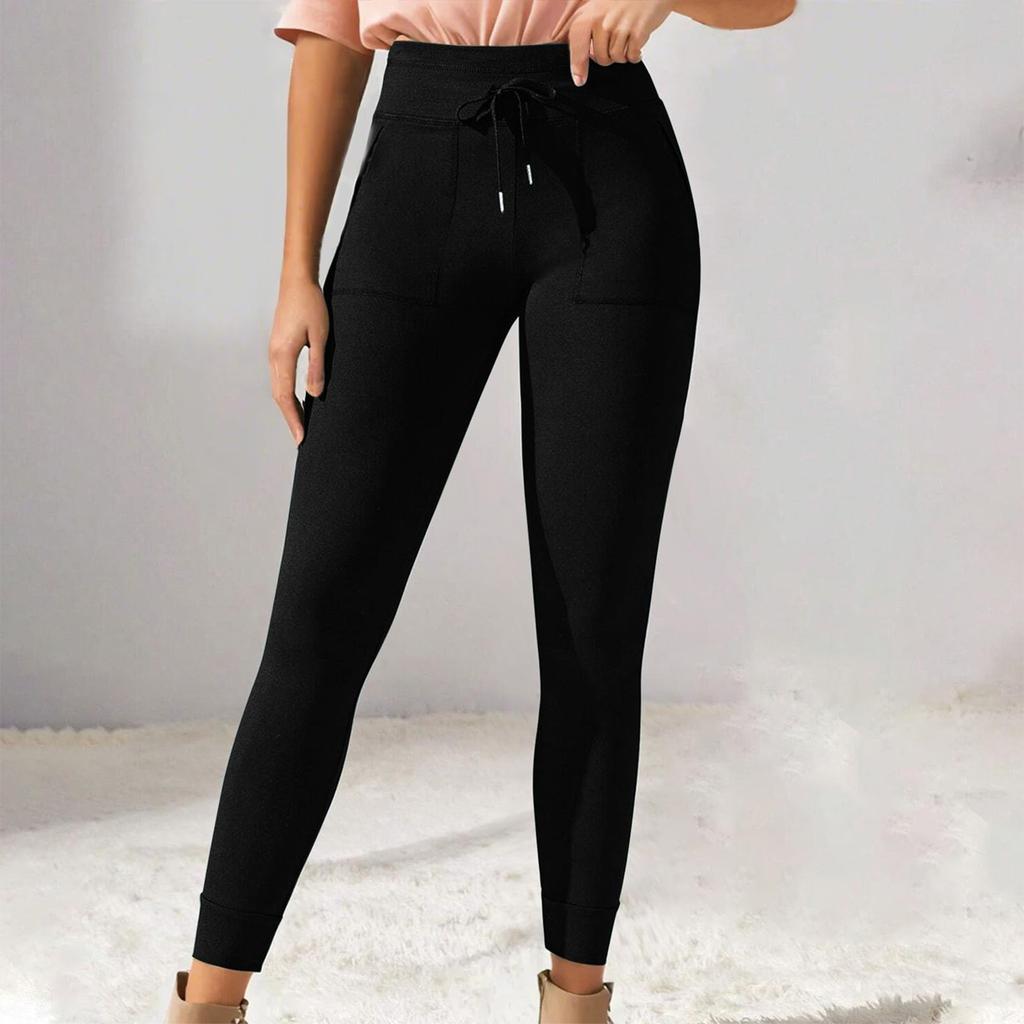 Damenhose mit hoher Taille, einfarbig, mit Kordelzug, zum Schnüren, lässige Hose, elastische, schmale, lange, enge Lauf-Stretch-Fitnesshose