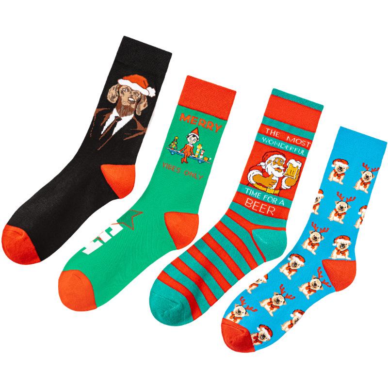 Cotton Plus Size Mid-Calf Fashion Socks - European & American Style Christmas Dog Design for Men & Women