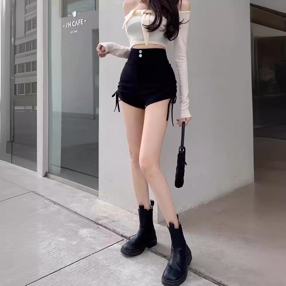 Women's Black High-Waist Drawstring Shorts - Summer 2025 Versatile Sexy Fashion
