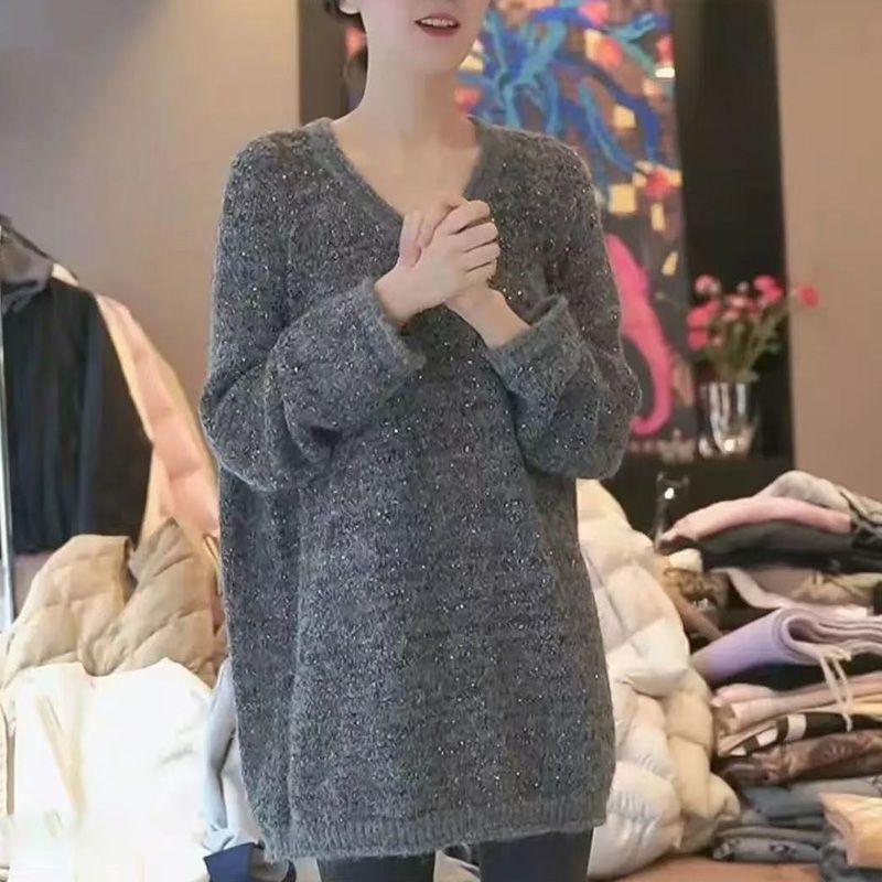 Sequin V-neck Pullover Sweater Autumn and Winter Lazy Style Mid-length Loose Knitted Sweater Top