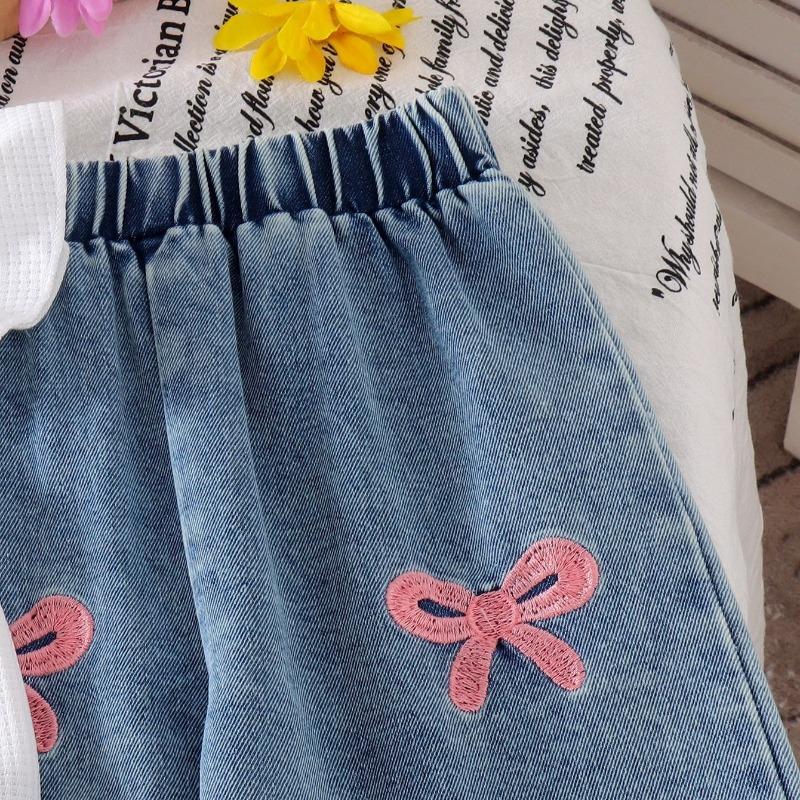 Girls' Fashion Set - Summer Children's Casual Bow Embroidered Denim Pants Set