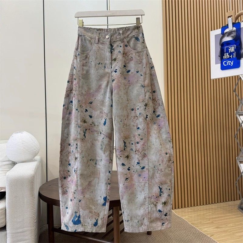 

Western Style Design Sense Blooming Print Jeans Machete Pants Women Summer New High Waist Loose Wide Leg Banana Pants Picture Color XL