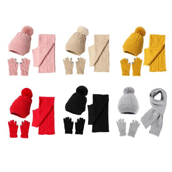 3Pcs/Set Women Winter Hat Scarf Gloves Set Plush Ball Decor Rhombus Texture Knitting Hat