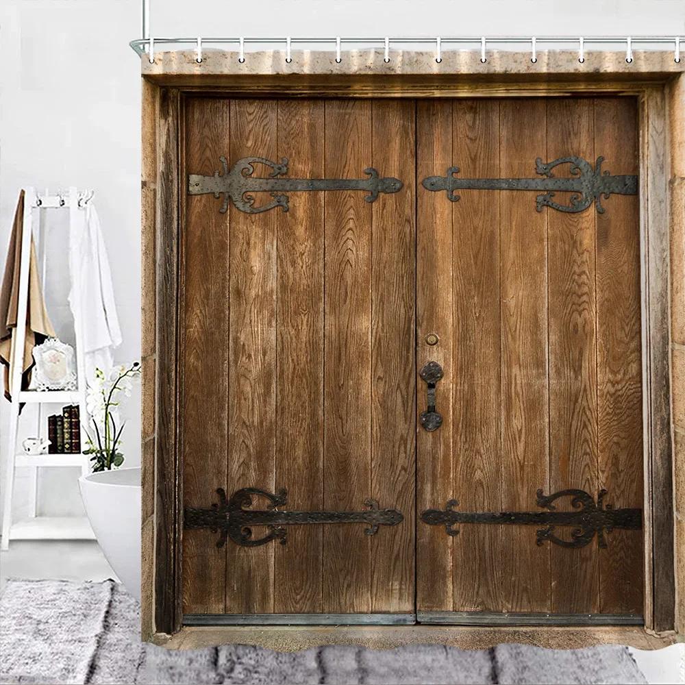 Retro Holzmaserung Duschvorhang Braun Alte Hartholzdiele Natürlich Ländlich Grafikdruck Stoff Badezimmerdekor Set Mit Haken