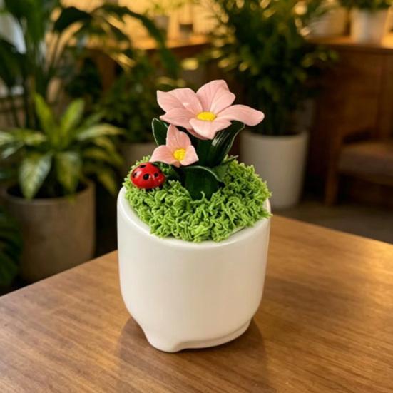 Handmade Mini Flower Figurine Artificial Ceramic Flowers in Pot for Car Dashboard Bathroom Home