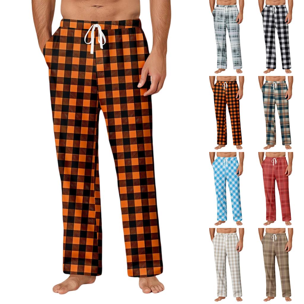 Men's Drawstring Pocket Casual Pants Plaid Stripe Print Pocket Casual Pants Home Pajama Pants