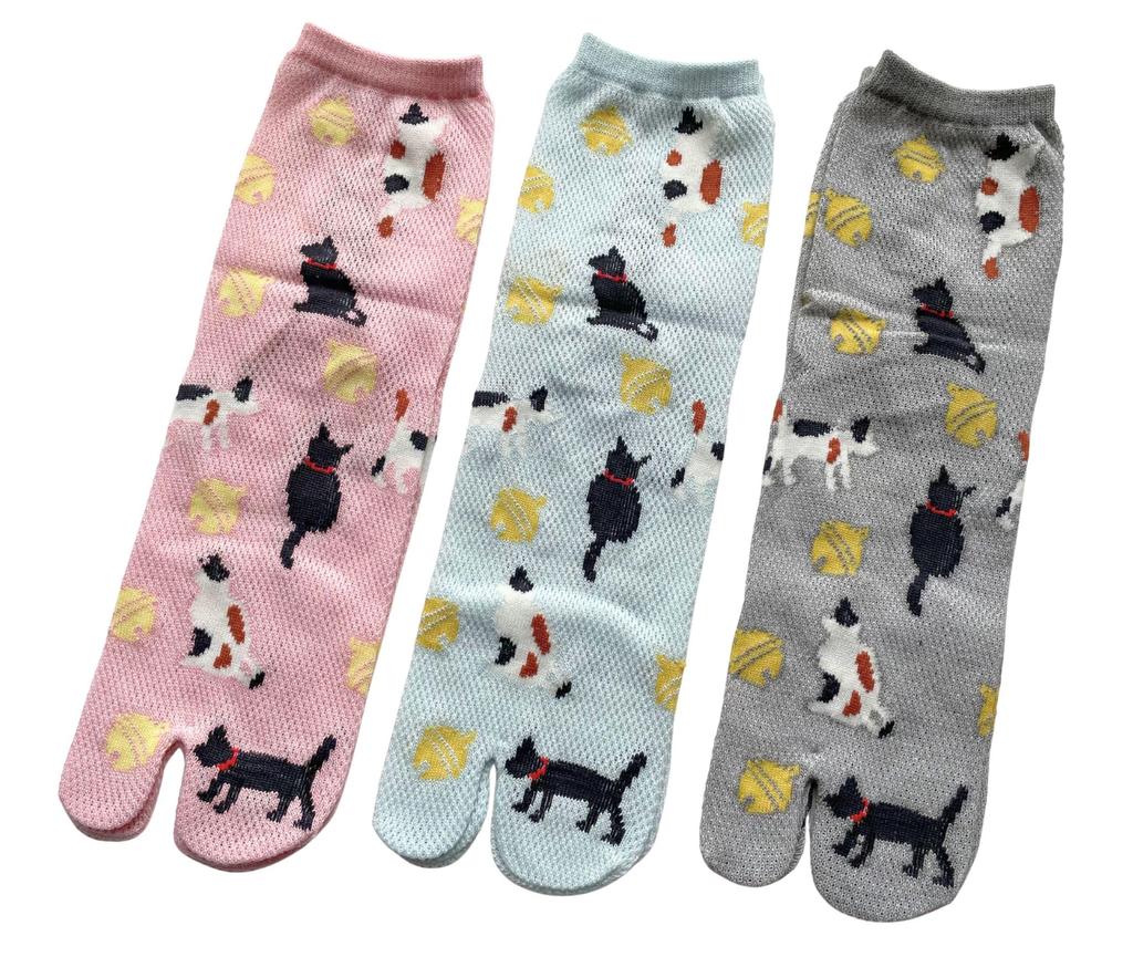 Mode Select Tabi Mesh Katze Japanische Größen 3er Set P11 Damen Japanische Socken, Strick, Druck, Muster, 22-25cm, (Verfügbare Farben)