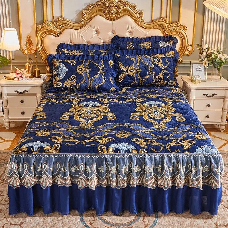 Princess Lace Quilted Bed Spreads Crystal Velvet Bedding Sheets Set King Queen Size Thick Winter Warm Cotton Wedding Bed Cover