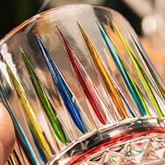 Bicchiere Colorato in Vetro Dipinto a Mano, Tumbler da Whiskey Inciso a Strisce, Bicchieri da Liquore Vintage per Home Bar Festa