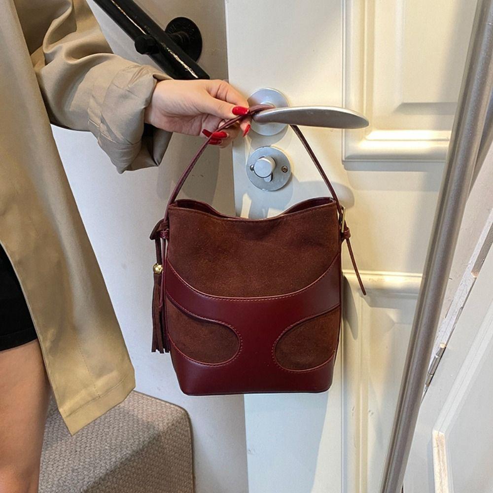 Shoulder Bag Faux Suede Bucket Bag Handbag Solid Color Tote Bag Trendy Slouchy Hobo Bags Girls