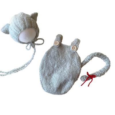 Chapéu de orelhas de gato e macacão com cauda Fantasia para foto de recém-nascido Foto mensal de gato Arte de pose dormindo cinza 6 meses [loja da NANA] (luz (5.5~8kg))