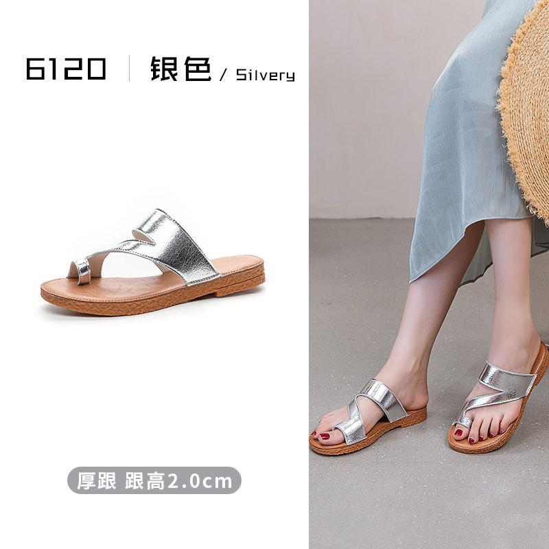 

Korean version of retro toe slippers women s summer wear fashionable versatile flat beach Roman shoes leather sandals 43 серебряный