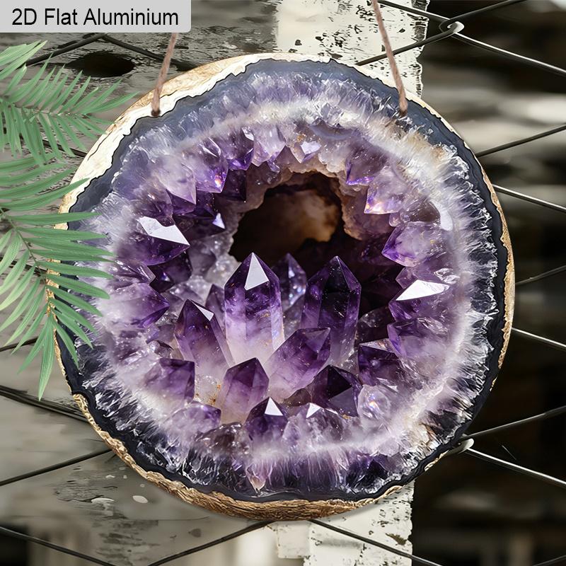 2D Flat 1pc Amethyst Aluminum Hanging Plaque, Round Gold Edge Crystal Pattern Sign, Living Room Decor, Yoga Room Home Decor, Lightweight Boho Decor