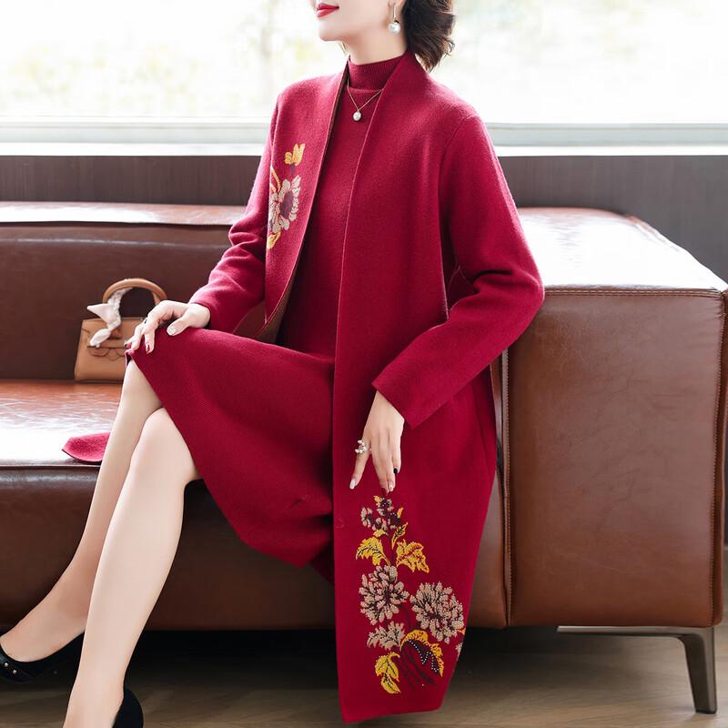 

Вязаный кардиган с вышивкой Qianlian для мамы, платье, комплект из двух предметов XL