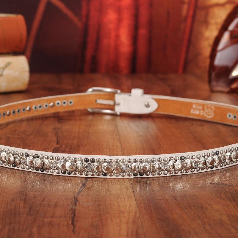 Ethnic Style Retro Rivet Leather Belt with Rhinestone Inlays for Women