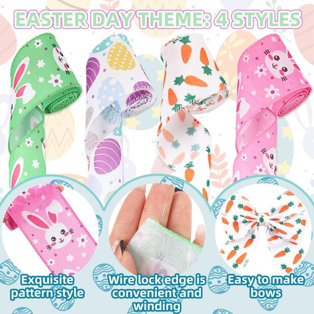 4pcs Easter Wrapping Ribbons Rabbit Easter Egg Printed Fabric Craft Ribbons for Gift Packaging Wreath Bow Crafts Party Decor