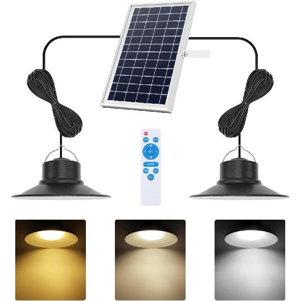 NIORSUN Solar Indoor Lights Outdoor, LED Solar Pendant Lights 3 Color Dimmable Lighting with Remote Control, Gazebo Lights,2x16.4ft Cable IP65