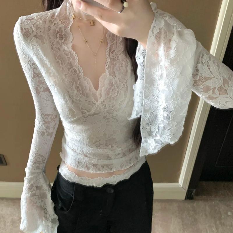 Sexy V-neck Cinched Waist Slimming Lace Shirt Pure Desire for Slimming Top