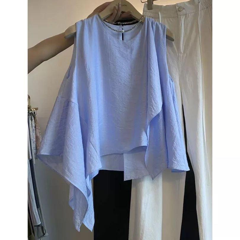 Women Summer T Shirt Sleeveless Loose Casual T-Shirts Vintage O-Neck Tee Tops Korean Irregular Ruffles Shirts Vest