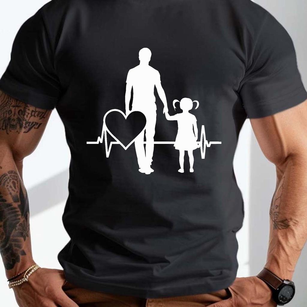 Father Daughter Heartbeat ECG Graphic Tee Soft Cotton Short Sleeve Casual TShirt for Men Family