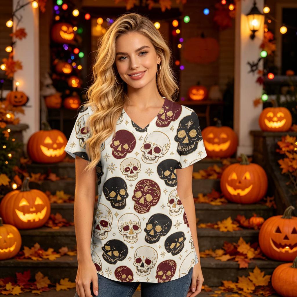 Women's V-Neck Short Sleeve Scrub Top with Pockets Halloween Print for Nurses and Caregivers
