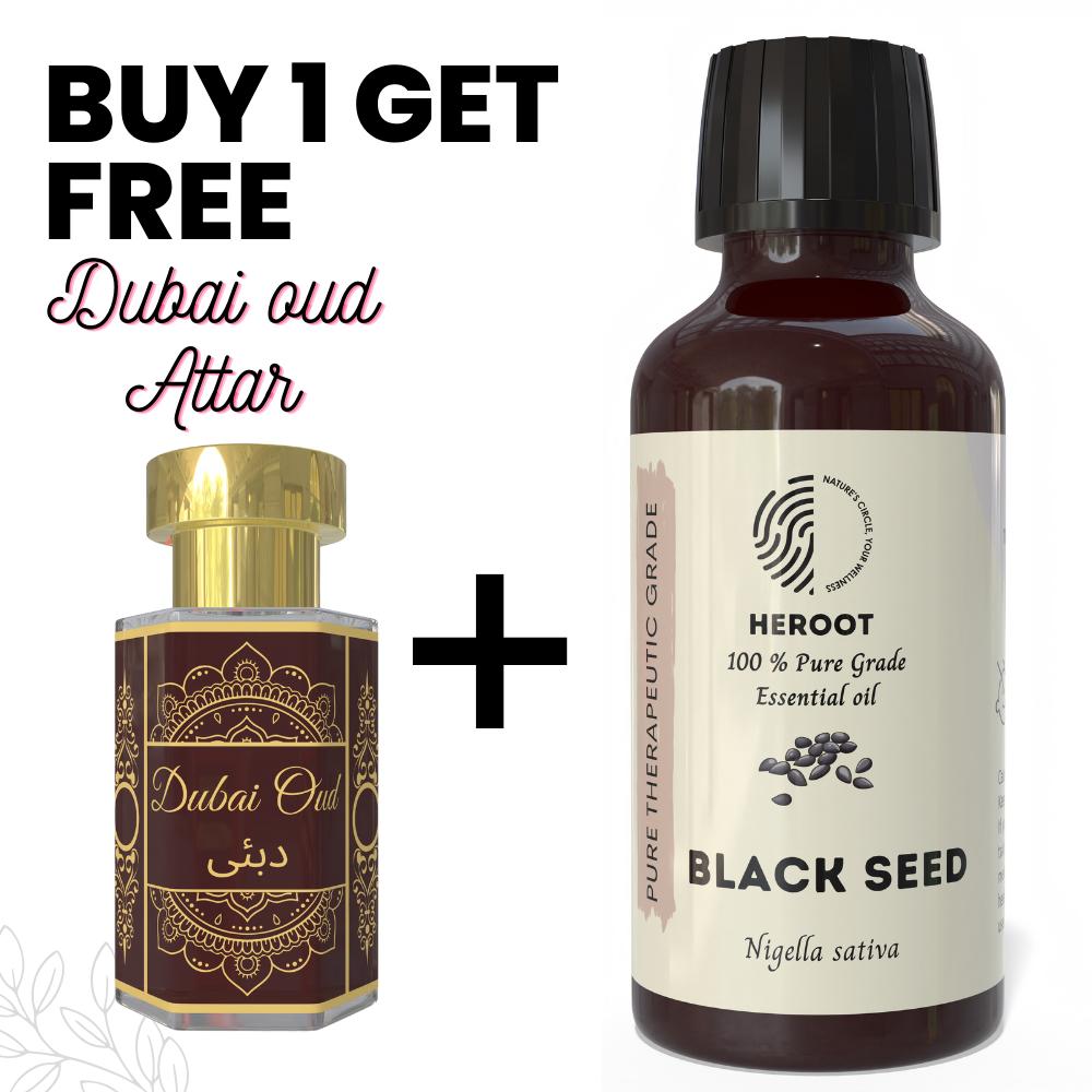 Black Seed Essential Oil 10ml for Aromatherapy & Home Fragrance with Free 6 Ml Attar – Aqua AQ, Dubai Oud, Aura, White Oud