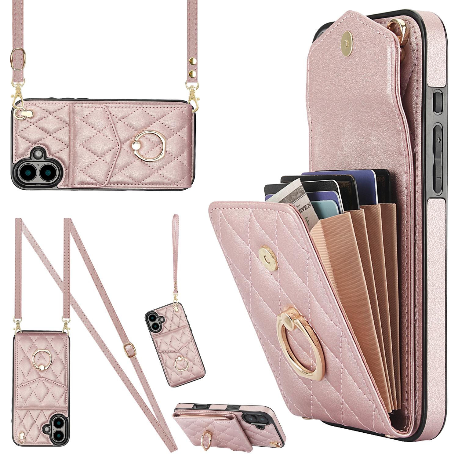 

For iPhone 16 Case Card Bag Leather+TPU Crossbody Phone Cover with Ring Kickstand Rose Gold