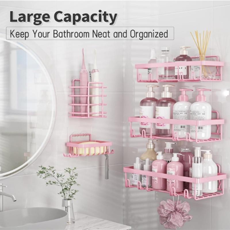 5-Pack Adhesive Shower Caddy Organizer – Rust-Resistant Pink Bathroom Shelf Set for Shampoo & Toiletries, No-Drill Wall Storage
